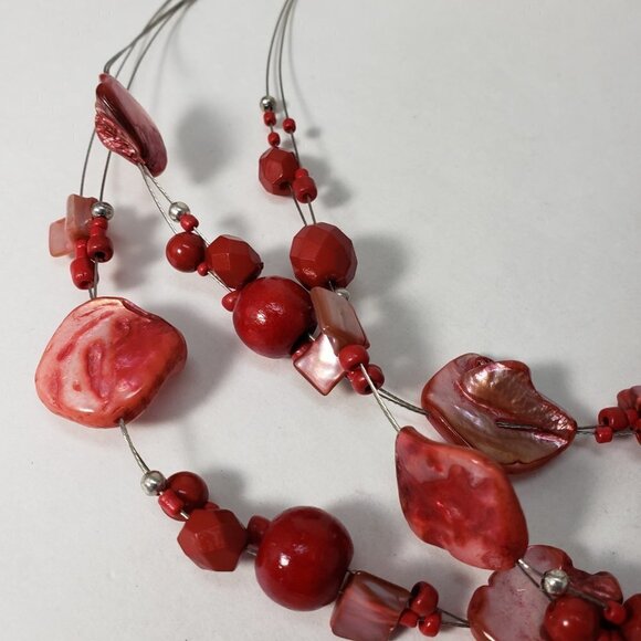 Layered Red Seashell Bead Necklace – Silver Tone Multi-Strand Statement Jewelry - Picture 5 of 8